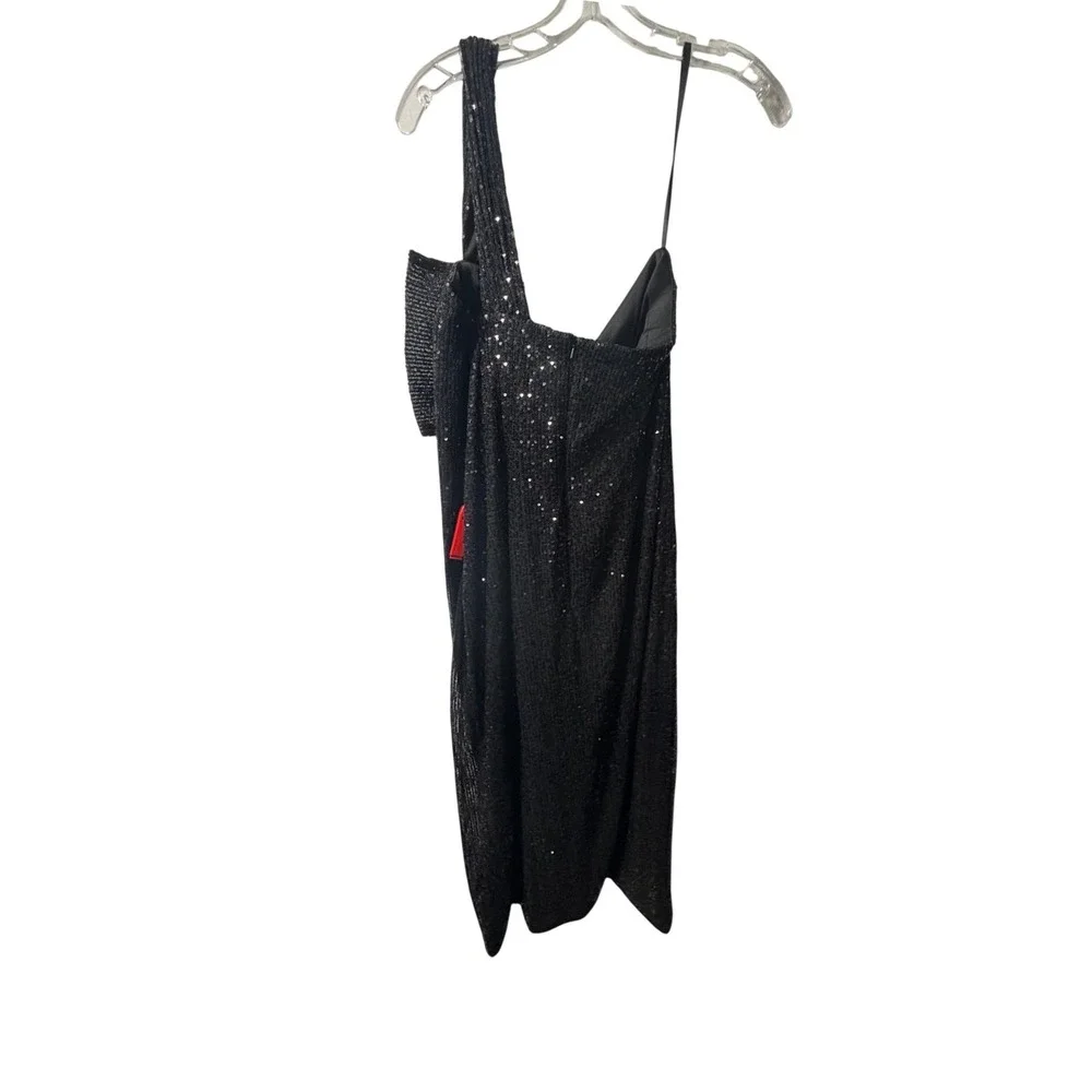 IEENA FOR MAC DUGGAL 11286 Black Sequin One Shoulder Bow‎ Midi Dress 12 NEW